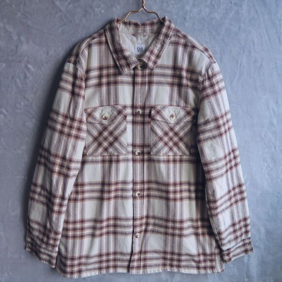 GAP FACTORY Cream Relaxed Flannel Shirt Jacket Size L Camel Hair Brown Quilted - Picture 1 of 10